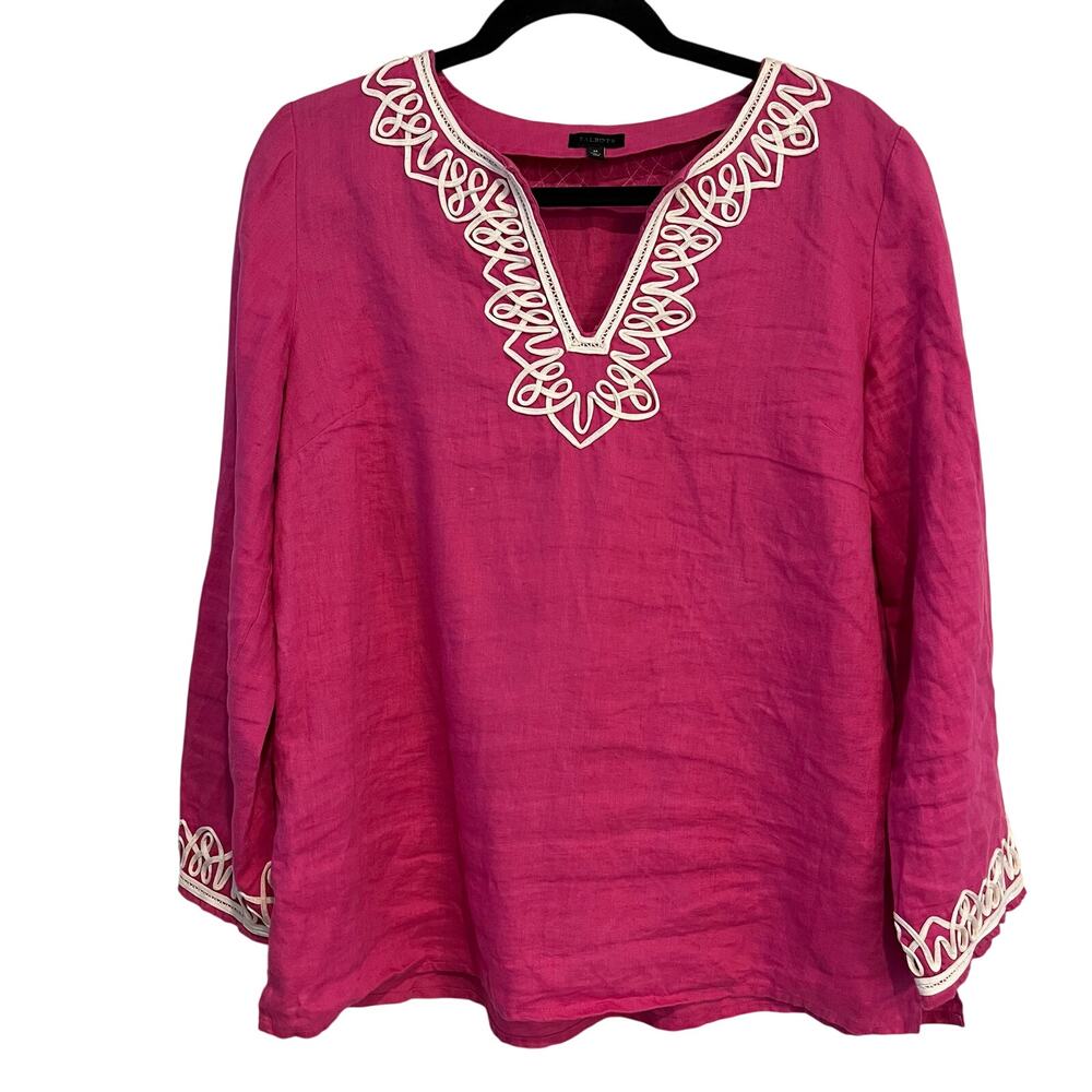 Talbots Top 100% Linen‎ Shirt Long Sleeve Notch Neck Pink White Trim Accents Med